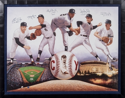 New York Yankees Cy Young Award Winners Multi Signed 44x34 Framed Canvas by Doo S. Oh Signed By Ford, Turley, Lyle, Guidry and Clemens (PSA/DNA)